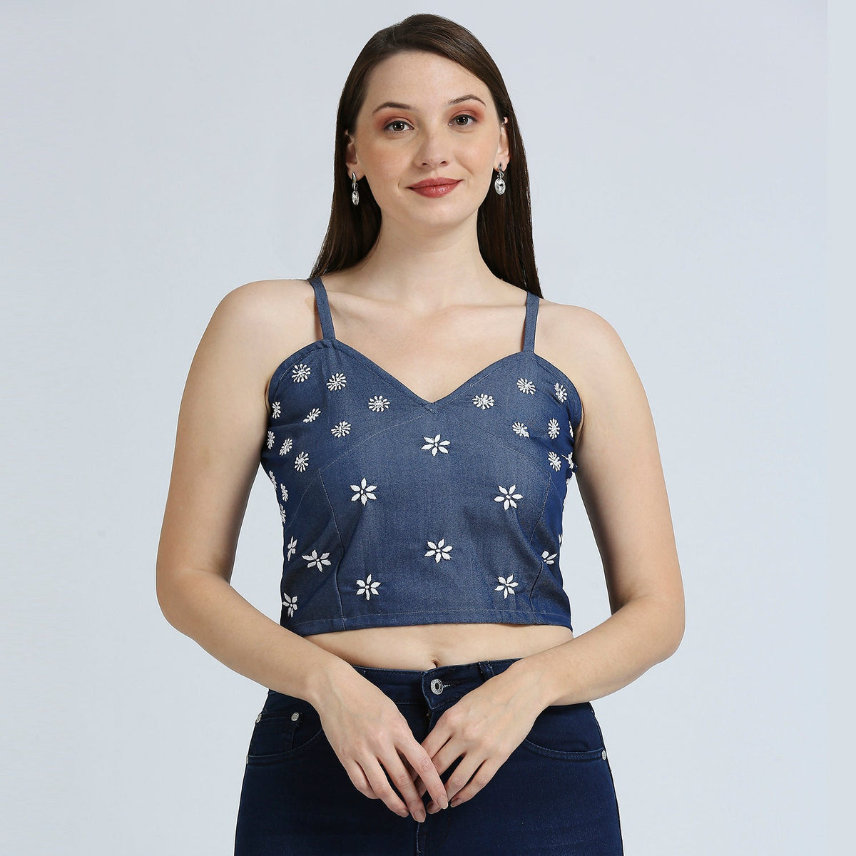 Denim Chikankari Crop Top