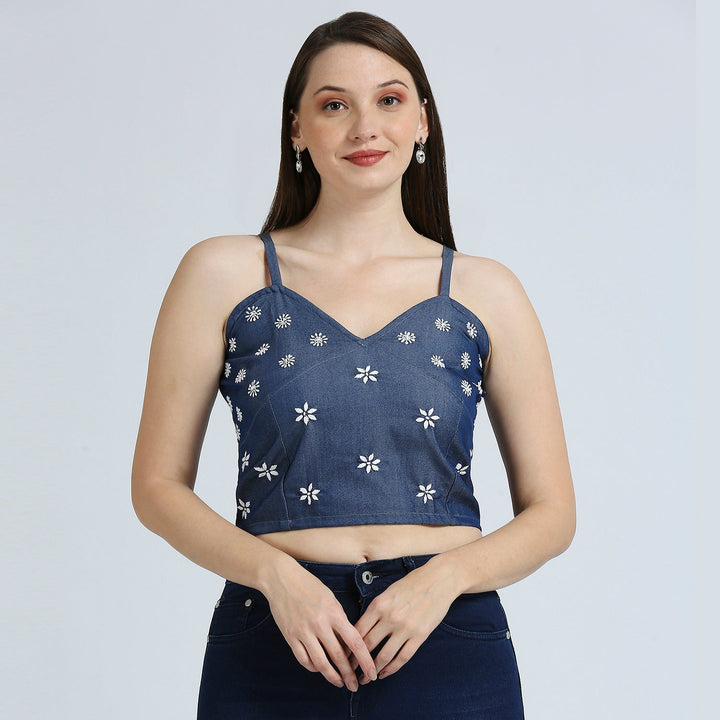 DENIM CHIKANKARI CROP TOP