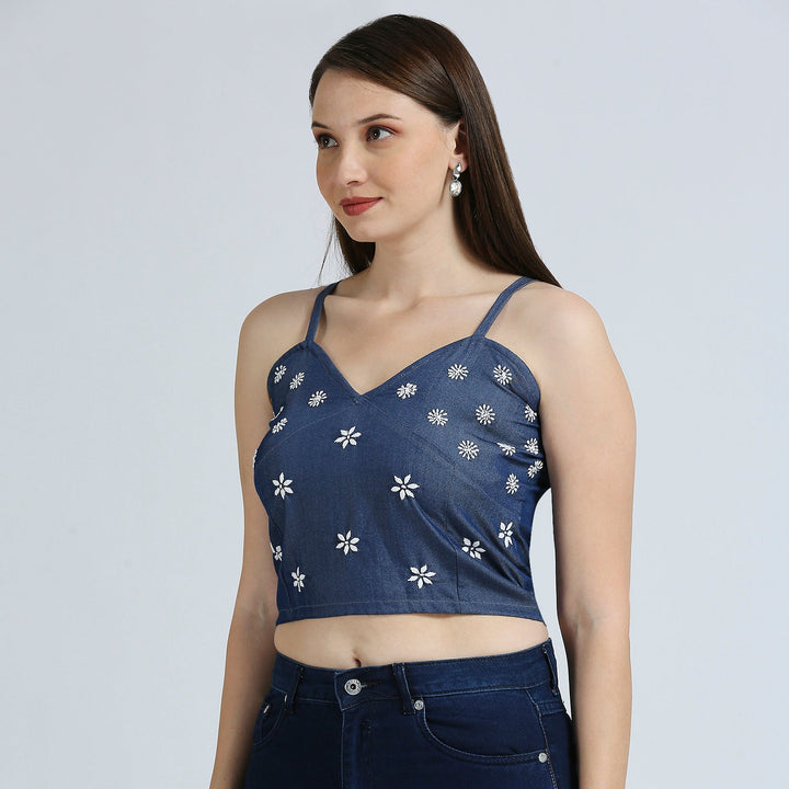 DENIM CHIKANKARI CROP TOP