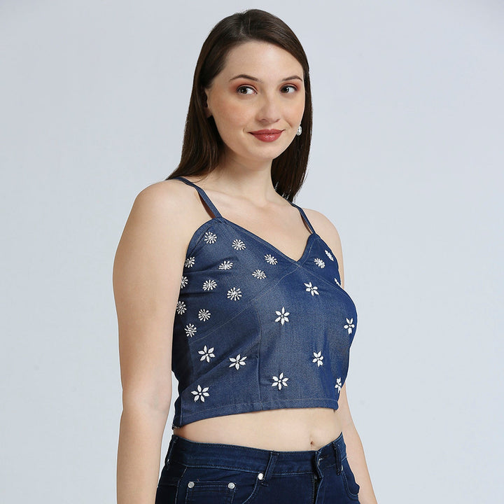 DENIM CHIKANKARI CROP TOP