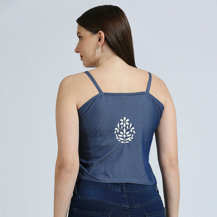 DENIM CHIKANKARI CROP TOP