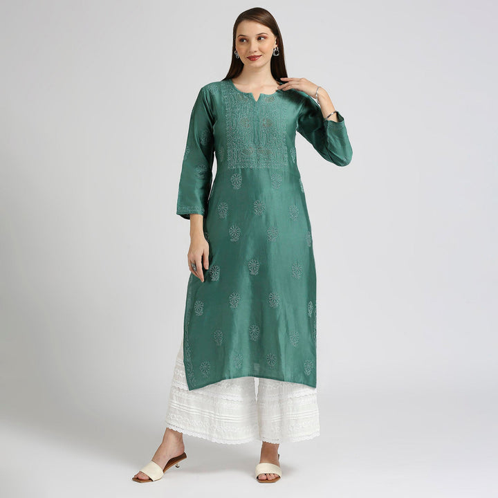 AROHA CHANDERI CHIKANKARI LONG KURTI