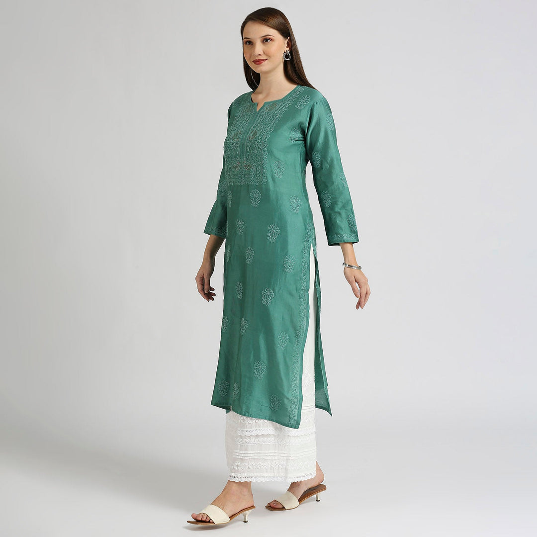 AROHA CHANDERI CHIKANKARI LONG KURTI