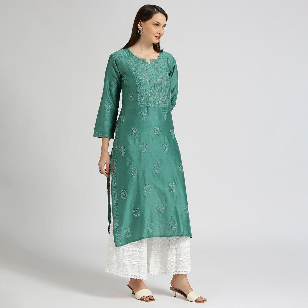 AROHA CHANDERI CHIKANKARI LONG KURTI