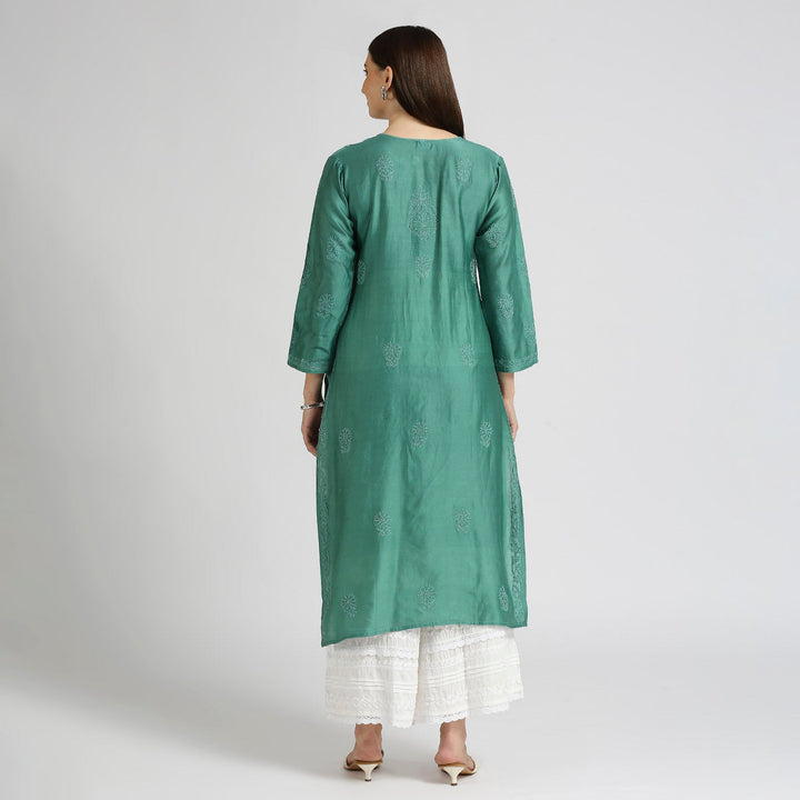 AROHA CHANDERI CHIKANKARI LONG KURTI