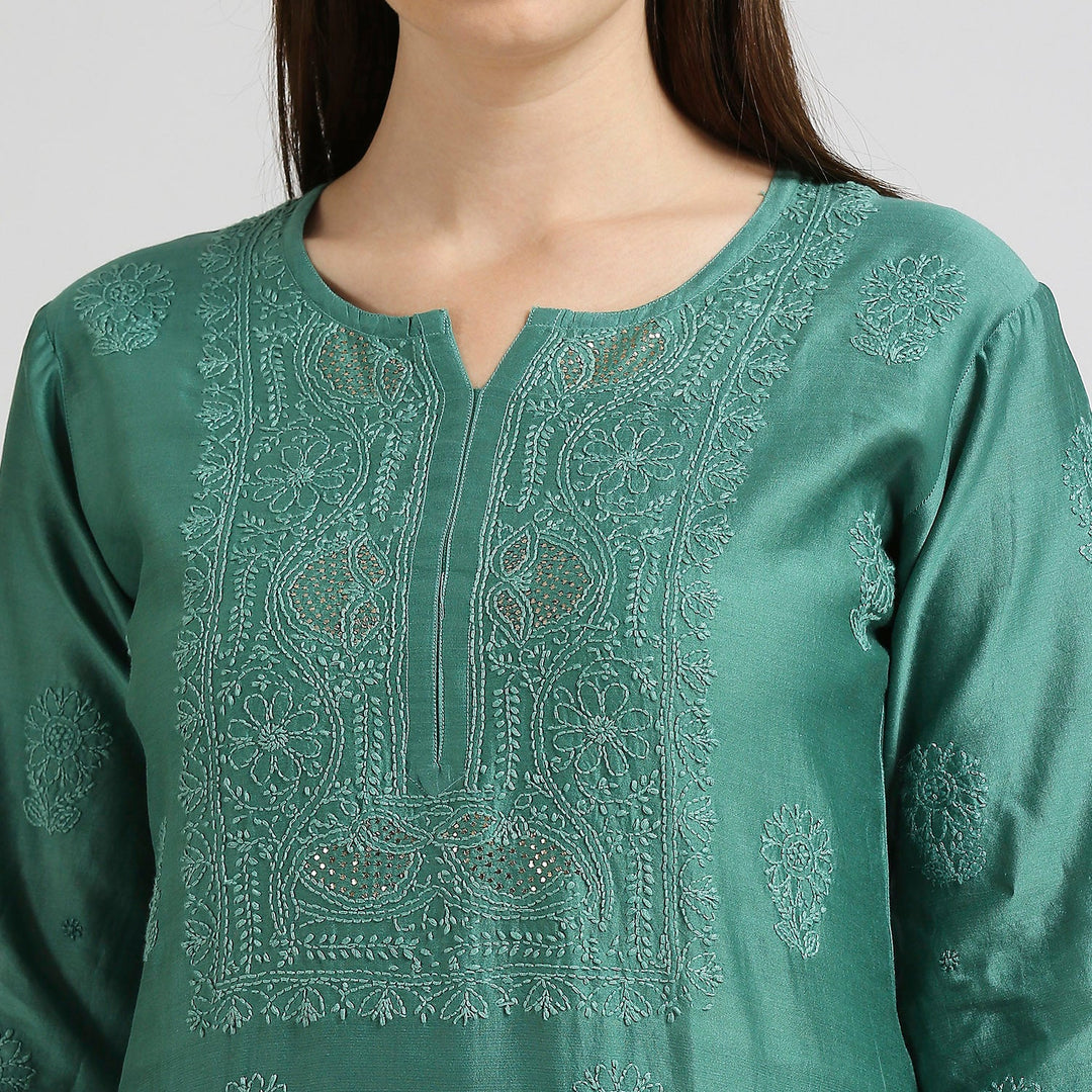 AROHA CHANDERI CHIKANKARI LONG KURTI