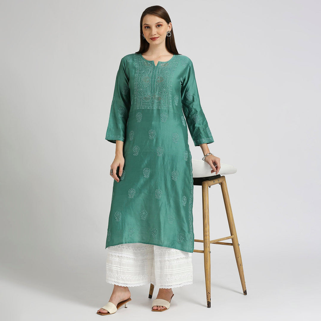 AROHA CHANDERI CHIKANKARI LONG KURTI